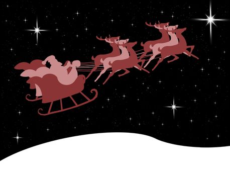 Santa Claus in his sleigh with bright star in the midnight sky