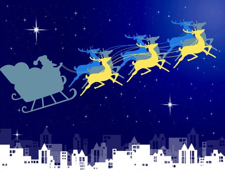 Santa Claus in his sleigh with night sky over the city background, Christmas concept