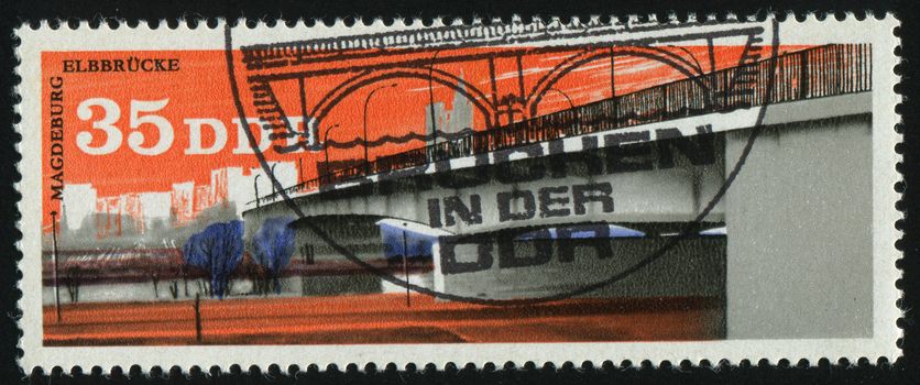 GERMANY- CIRCA 1976: stamp printed by Germany, shows Elbe river bridge, Magdeburg, circa 1976.