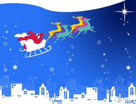 Santa claus with his sleigh run to the snow sky and the shiny star, Christmas concept