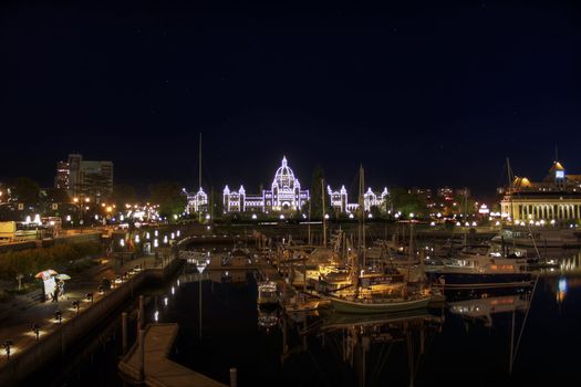 Parliament Buildings from the Inner Harbour in Victoria BC Canada at Night