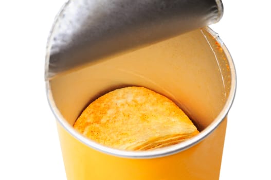 Potato chips in the yellow jar. Isolated on white background.