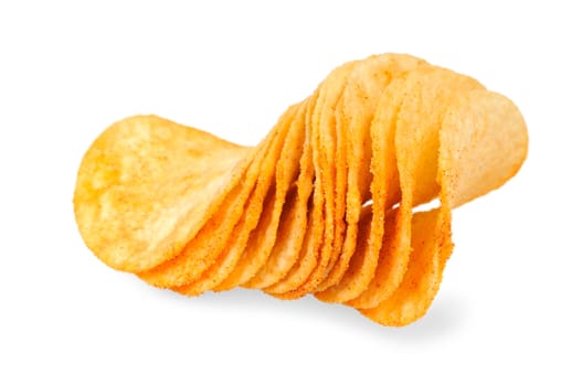 Handful of potato chips. Isolated on white background.