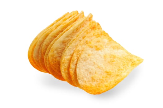 Handful of potato chips. Isolated on white background.