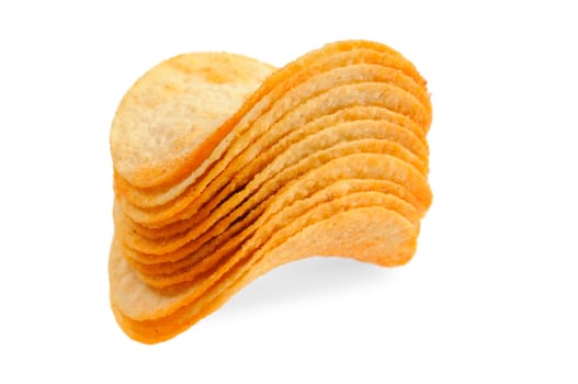 Handful of potato chips. Isolated on white background.