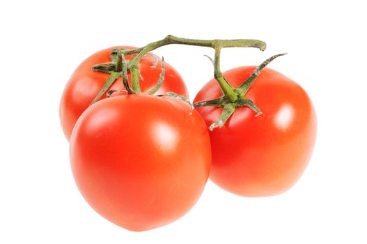 Bunch of three tomatoes on a white background.
