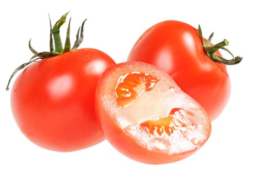 Three tomato. One of them cut. Isolated on white.