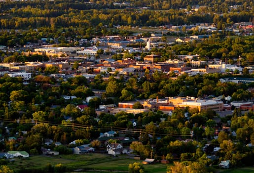 Aerial view of Downtown Kalispell at sunset, Flathead County, Montana, USA