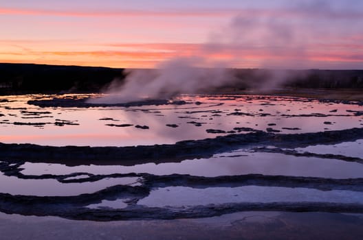 Great Founatin Geyser at sunset, Yellowstone National Park, Wyoming, USA