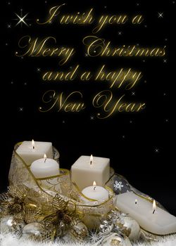 Christmas greeting card with candles, balls and golden garlands.