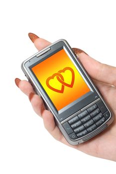 Female hand hold communicator with hearts at screen.
