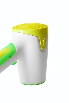 Stylish yellow and green hairdryer on white