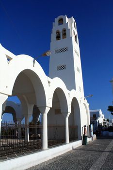 Cathedral belltower in Fira, Thira island (Santorini), Greece