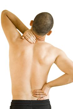 young man having neck ache and backache making massage