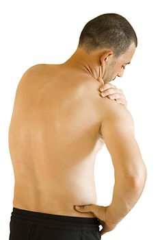 young man having neck and shoulder ache making massage