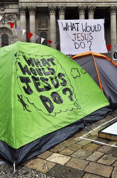 LONDON - OCTOBER 27: Occupy London encampment at St Paul's Cathedral on October 27, 2011 in London. Occupy London is a peaceful demonstration against economic inequality and social injustice.