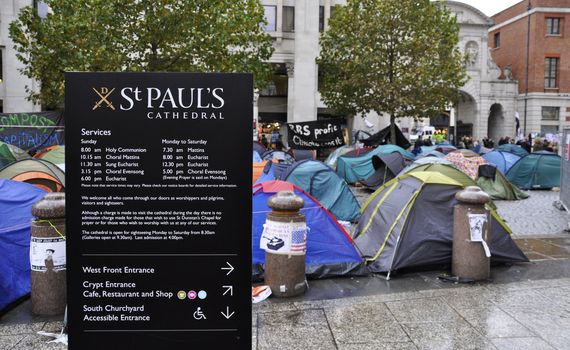 LONDON - OCTOBER 27: Occupy London encampment at St Paul's Cathedral on October 27, 2011 in London. Occupy London is a peaceful demonstration against economic inequality and social injustice.