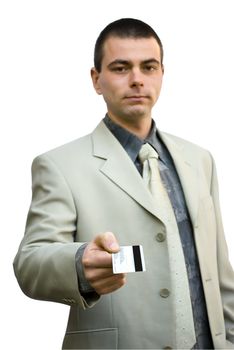 young business man with credit card looking up
