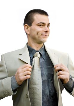 portrait of successful smiling happy business man holding his jacket