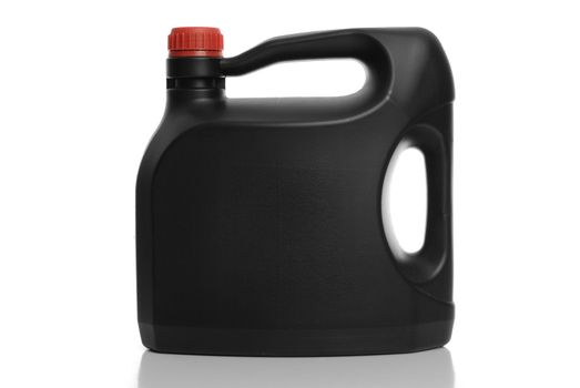Black plastic bottle red cap on white background.
