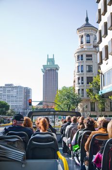 on an excursion in two-storeyed Tourist Bus. Madrid. Spane