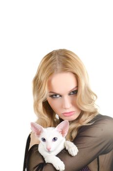 beauty young blond woman with oriental shorthair cat on a white