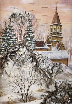 Picture, landscape with church. Drawing distemper on a birch bark