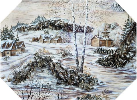 Picture, landscape: russian village with a temple. Drawing distemper on a birch bark