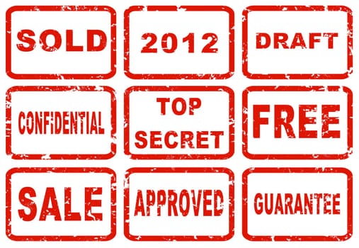 Nine red ink stamp marks isolated on a white background