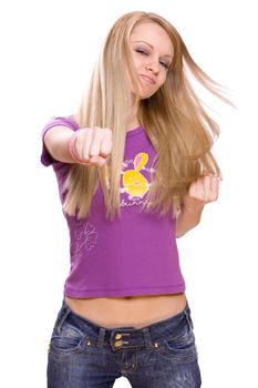 young woman kick forward on a white background