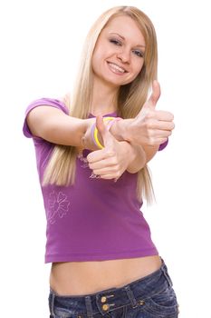 smiling young woman giving thumbs-up on a white background