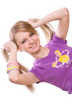 playful young woman on a white background 