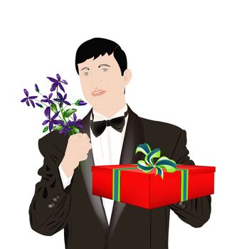 The enamoured elegant man gives a gift for favourite and a beautiful bunch of flowers 