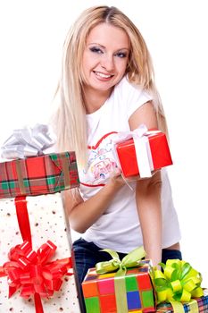 beautiful woman with holiday gift on a white background