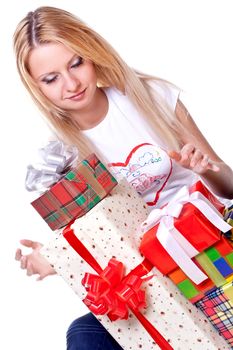 beautiful woman with holiday gift on a white background