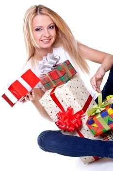 beautiful woman with holiday gift on a white background