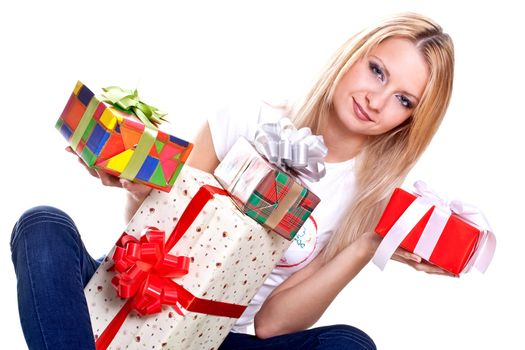 beautiful woman with holiday gift on a white background