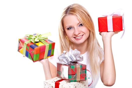 beautiful woman with holiday gift on a white background