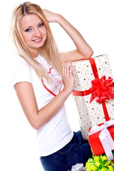 beautiful woman with holiday gift on a white background