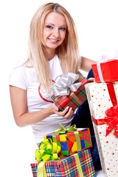 beautiful woman with holiday gift on a white background