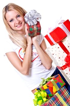 beautiful woman with holiday gift on a white background