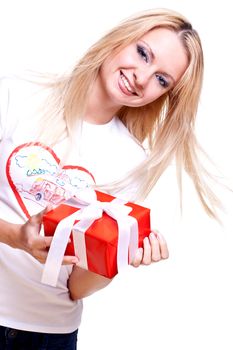 beautiful woman with holiday gift on a white background