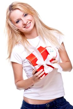 beautiful woman with holiday gift on a white background