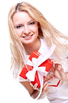 beautiful woman with holiday gift on a white background