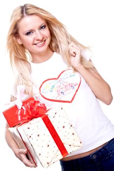 beautiful woman with holiday gift on a white background