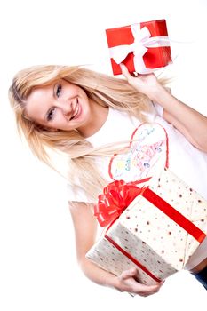 beautiful woman with holiday gift on a white background