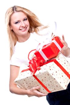 beautiful woman with holiday gift on a white background