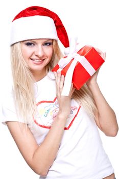 christmas woman with holiday gift on a white background