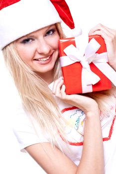 christmas woman with holiday gift on a white background