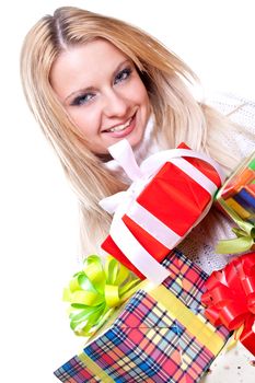 beautiful woman with holiday gift on a white background